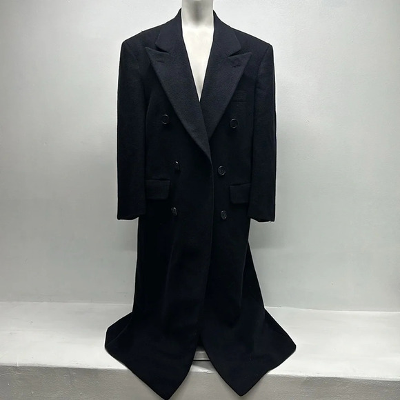 Burberry Trench Coat Cashmere Wool Blend Button Down Navy Blue Vintage Large *